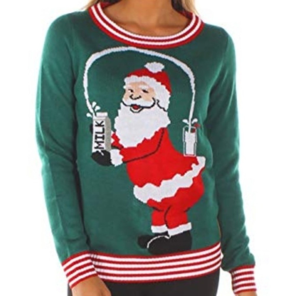 TIPSY ELVES SANTA MILK GREEN BREAK THE INTERNET UGLY CHRISTMAS SWEATER MEDIUM